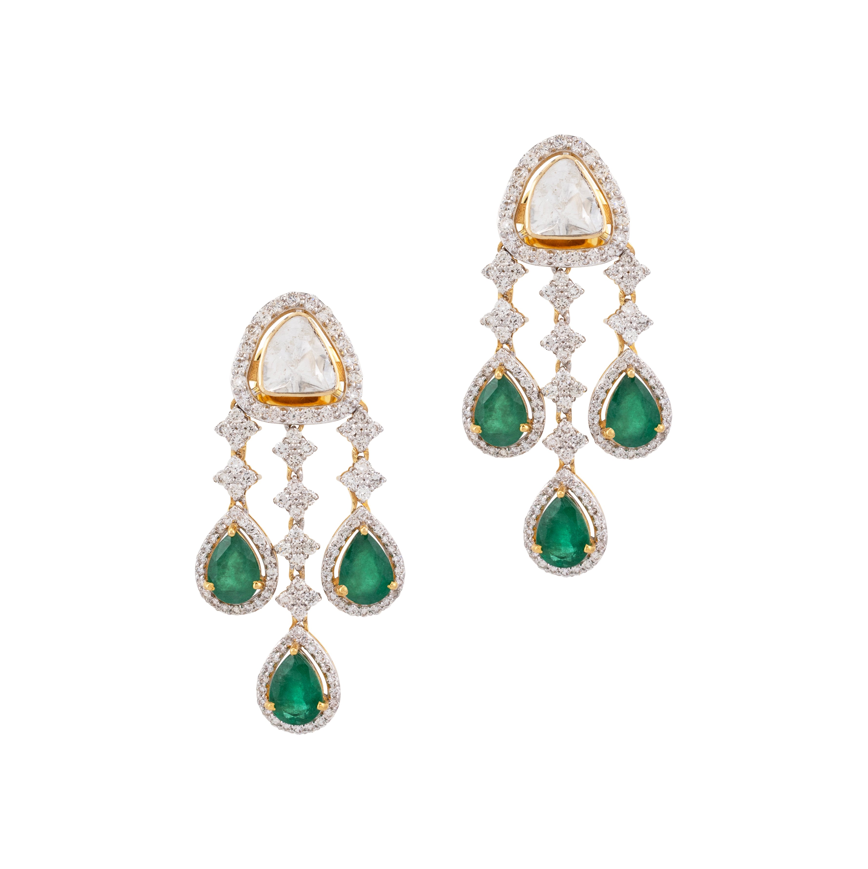 Polki and Zambian Emerald Drop Earrings with Diamond Accents